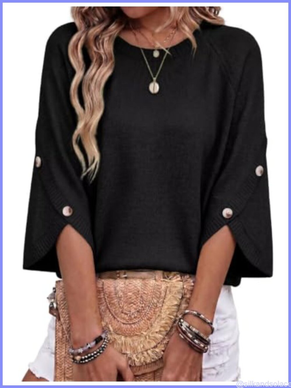 Womens Oversized 3/4 Button Sleeve Crewneck Lightweight Knit Pullover Sweater